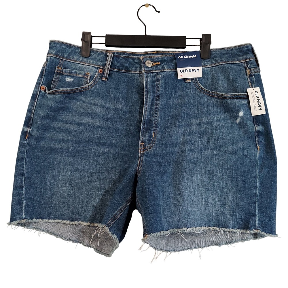 Old Navy OG Straight Shorts Women 16 Blue High Rise Raw Hem 5" Inseam Distressed
